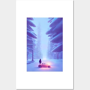 Cute Anime Car & Girl Snowy Christmas Landscape Posters and Art